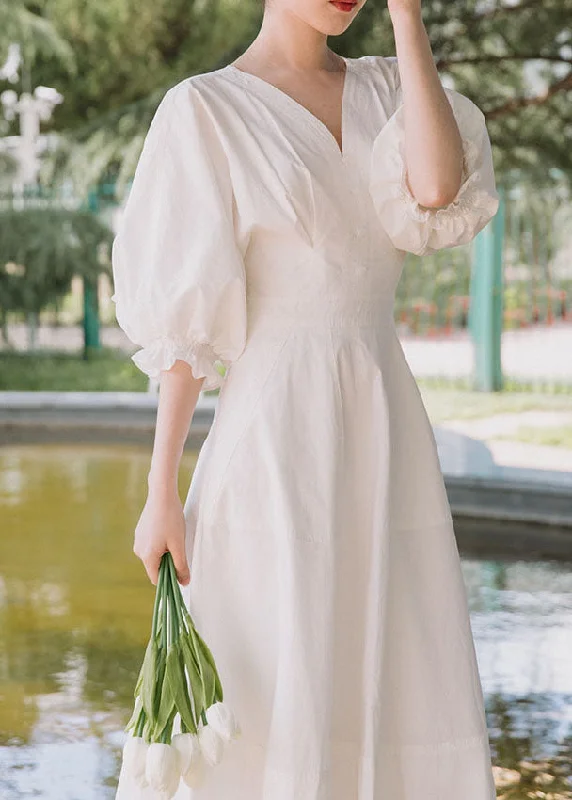 maxi dresses for officePlus Size White V Neck lantern sleeve Ruffles Maxi Dresses