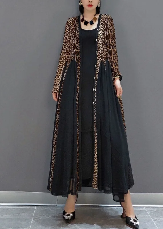 maxi dresses under $100Fashion Black Button V Neck Patchwork Leopard Chiffon Maxi Dress Spring