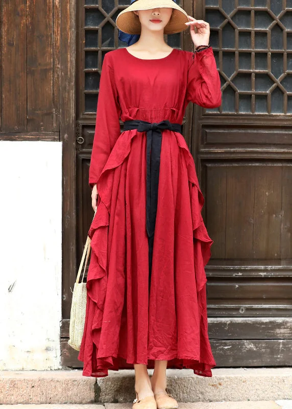 maxi dresses with sweetheart necksRed Cotton Maxi Dress Wrinkled Tie Waist Long Sleeve