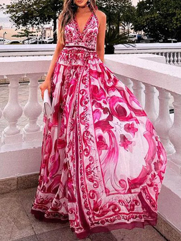 maxi dresses for partiesHalter Neck Backless Charming Printed Maxi Dress