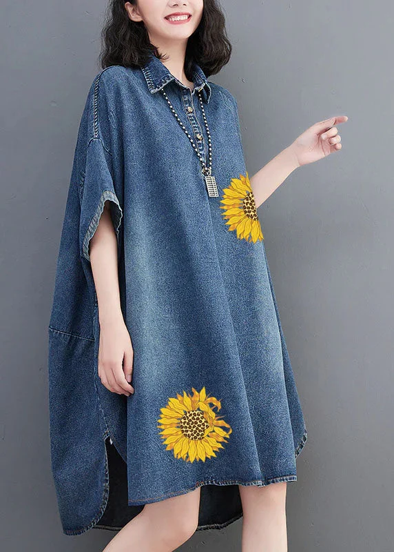 maxi dresses for weddingsLoose Blue-sunflower Button Side Open Maxi Denim Dress Summer