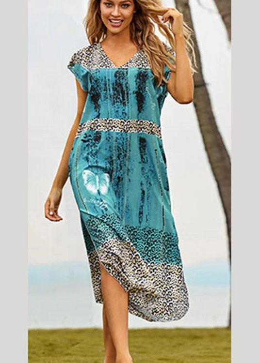 maxi dresses with off-the-shoulder necksChic Blue V Neck Print Side Open Maxi Beach Dresses Summer