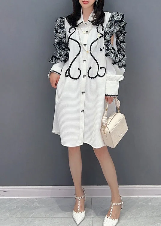 maxi dresses with back pocketsBeautiful White Peter Pan Collar Print Button Maxi Shirts Dresses Puff Sleeve