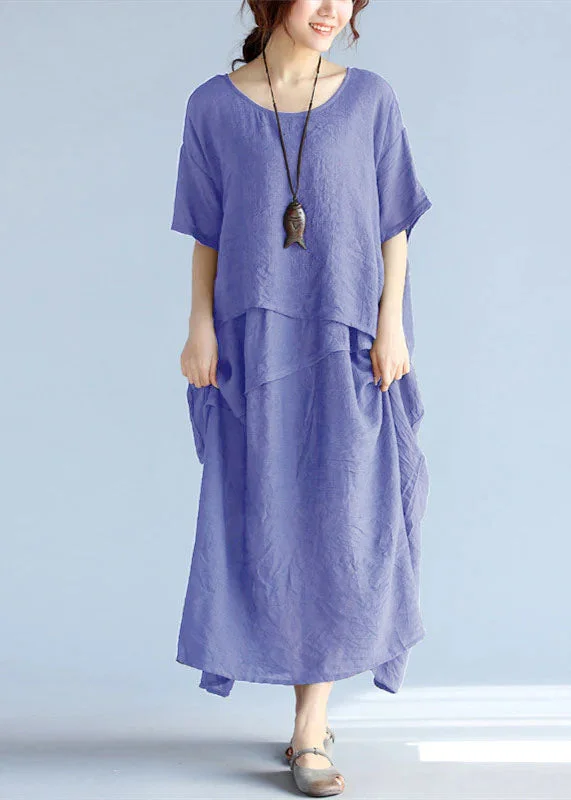 maxi dresses with keyhole backsbaggy Purple long linen dresses oversized layered cotton maxi dress vintage short sleeve cotton clothing