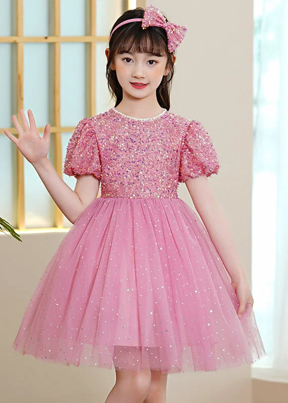 maxi dresses with thigh-high slitsPink Patchwork Tulle Kids Girls Maxi Dresses Sequins Exra Large Hem Puff Sleeve