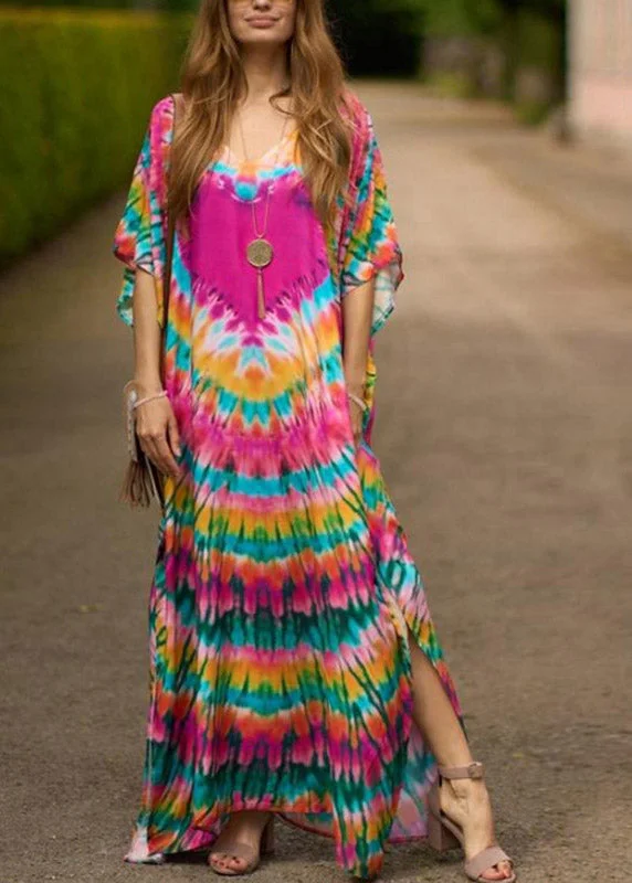 maxi dresses with appliquésVintage Pink Print Side Open Maxi Holiday Dress Short Sleeve