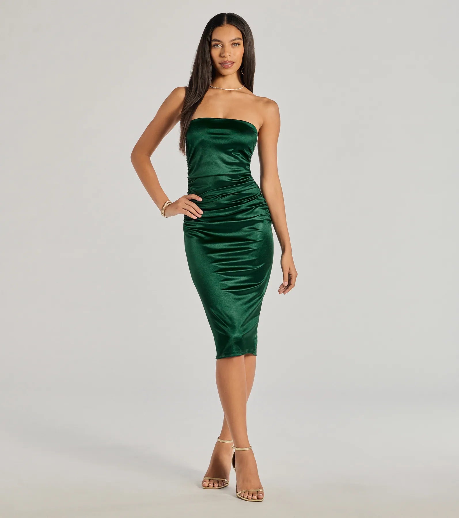 affordable maxi dressesaffordable midi dressesLuxe Sheen Strapless Ruched Satin Midi Dress