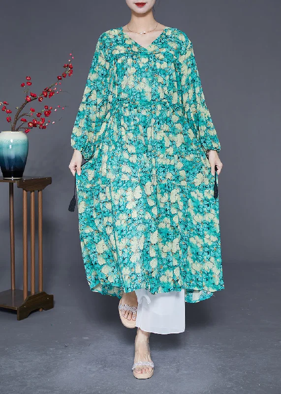 maxi dresses for curvesPlus Size Green Cinched Print Chiffon Maxi Dresses Lantern Sleeve