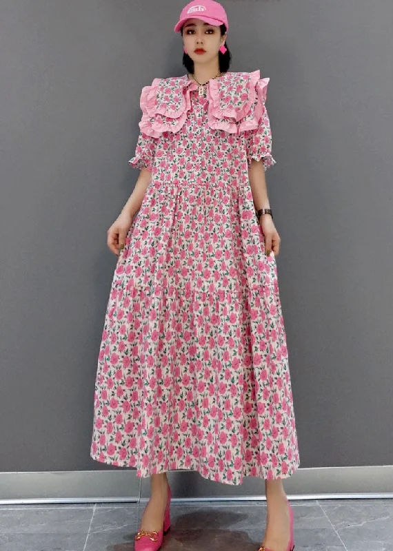 maxi dresses for day-to-night wearPink Print Patchwork Cotton Maxi Dresses Half Sleeve