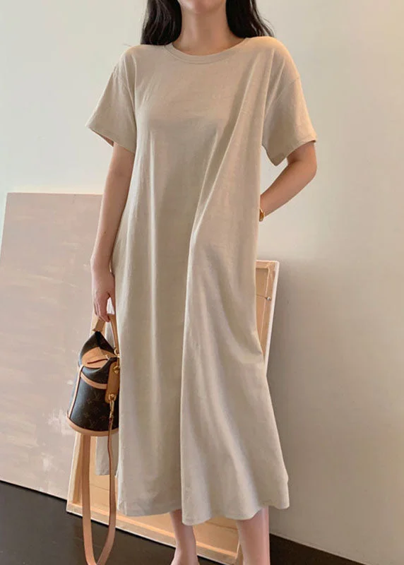 maxi dresses with sleevesBoho Beige Loose Cotton Maxi Dress Short Sleeve