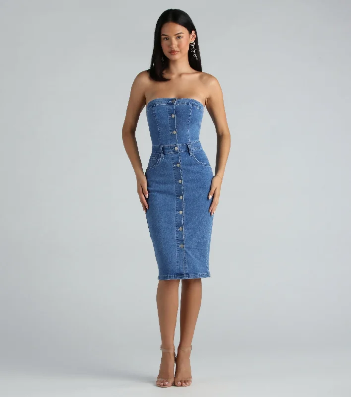 maxi dresses for outdoor weddingsmaxi-length midi dressesOn The Down Low Denim Strapless Midi Dress