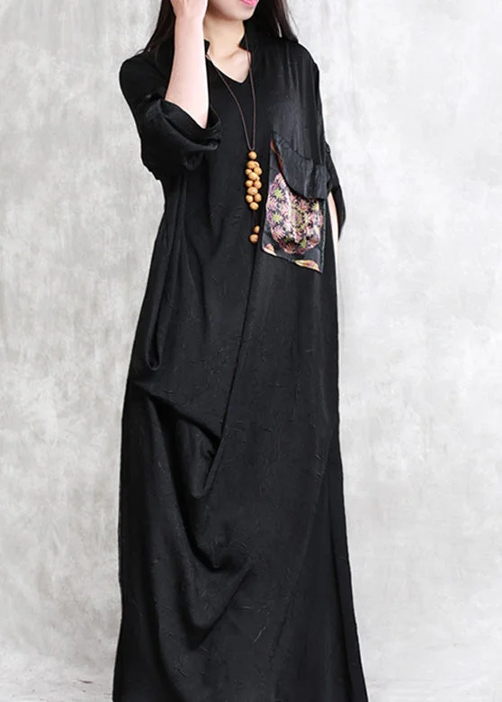 maxi dresses with embroidered patternsElegant Black Print Patchwork Linen Maxi Dress Half Sleeve