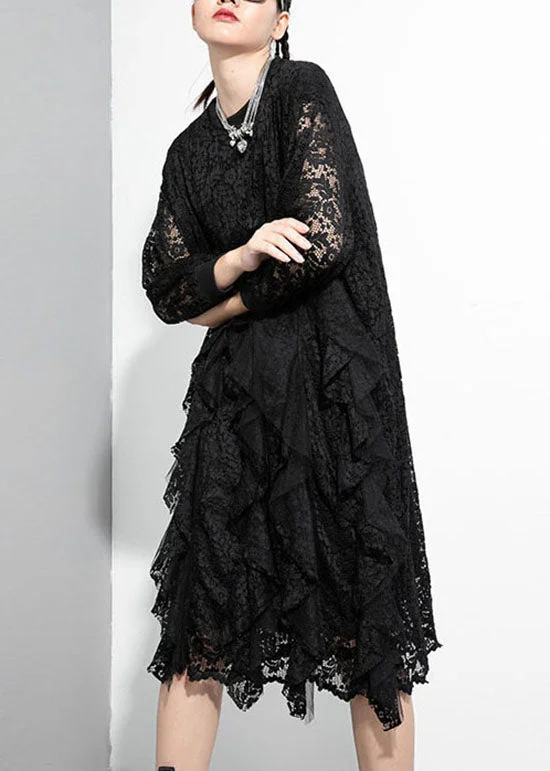 maxi dresses with A-line silhouettesModern Black Asymmetrical Patchwork Lace Maxi Dresses Spring