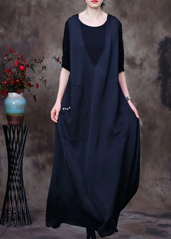 maxi dresses for petite womenFashion Black V Neck pockets Silk Maxi Dresses Sleeveless