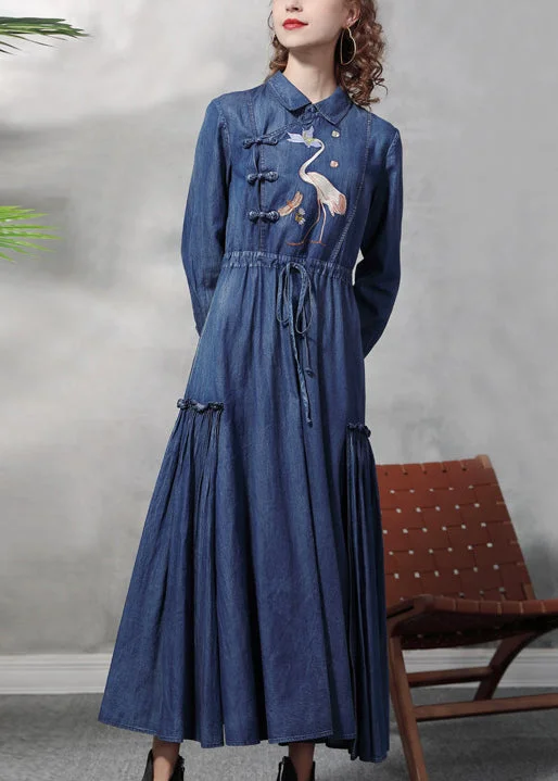 casual maxi dressesPlus Size Blue drawstring wrinkled Peter Pan Collar Embroideried Patchwork Cotton Maxi Dresses Long Sleeve