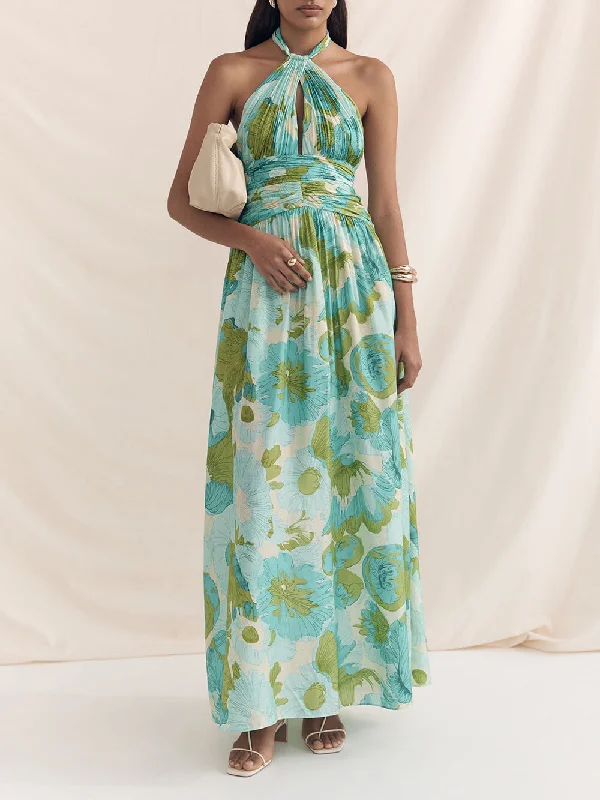 maxi dresses for winter (with tights)Elegant Versatile Halter Neck Graceful Printed Pleated Maxi Dress