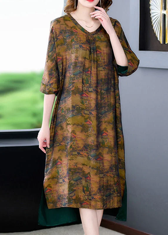 maxi dresses with empire waistsCoffee Patchwork Silk Maxi Dresses Low High Design Summer