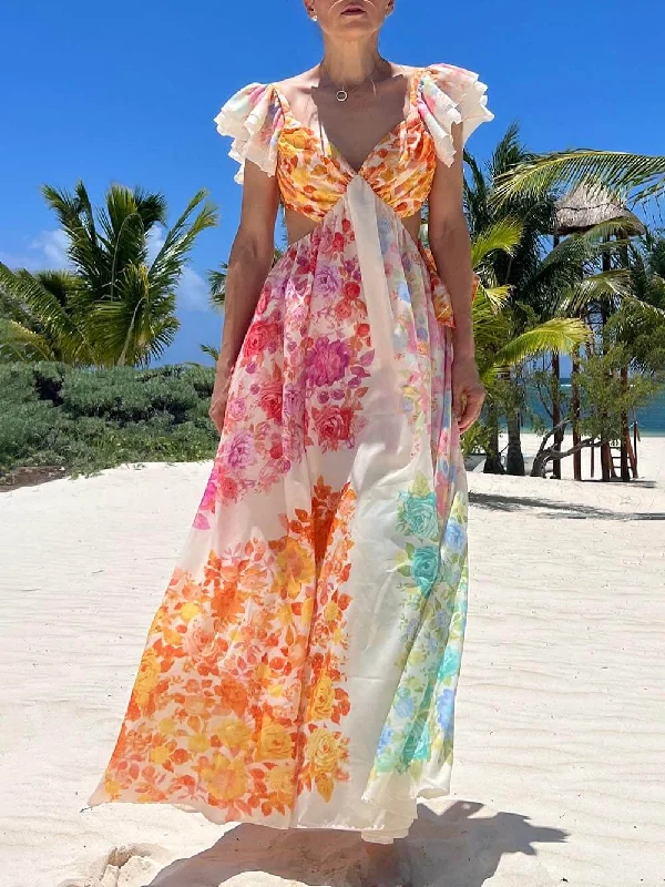 maxi dresses for mother of the groomFloral Frill Cutout Charming Back Tie-Up Maxi Dress