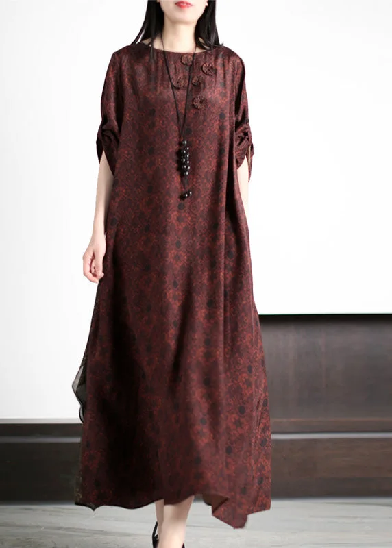 maxi dresses with keyhole backsStylish Dark Red O-Neck Print Silk Maxi Dress Summer