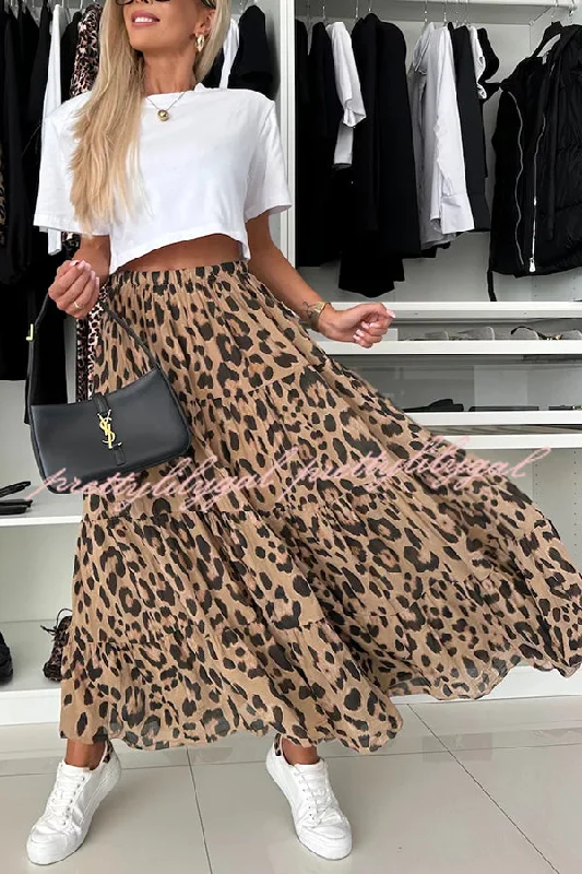 women's handmade casual skirtsUnique and Comfortable Leopard Print Elastic Waist A-line Layered Maxi Skirt