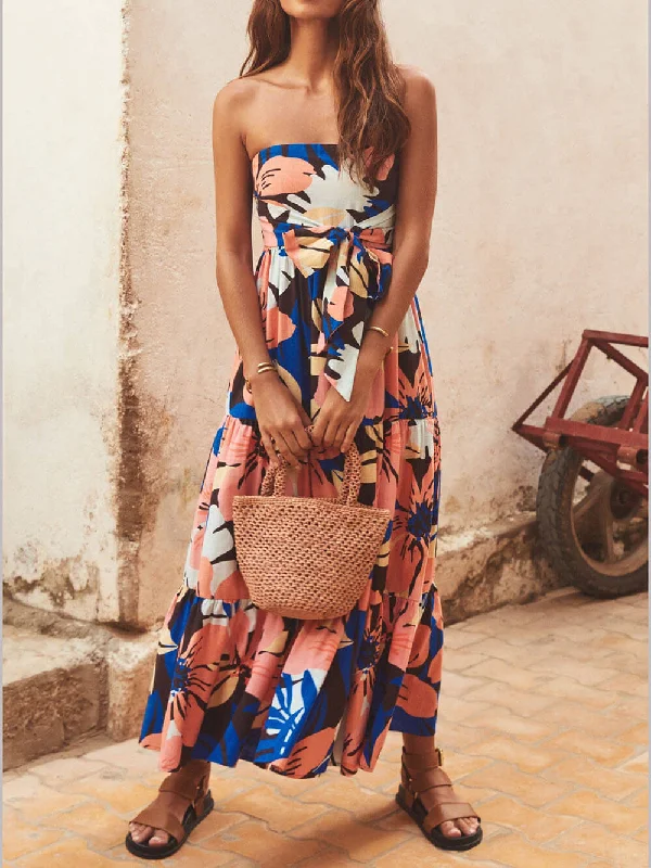 maxi dresses with A-line silhouettesStrapless Printed Stylish Maxi Dress