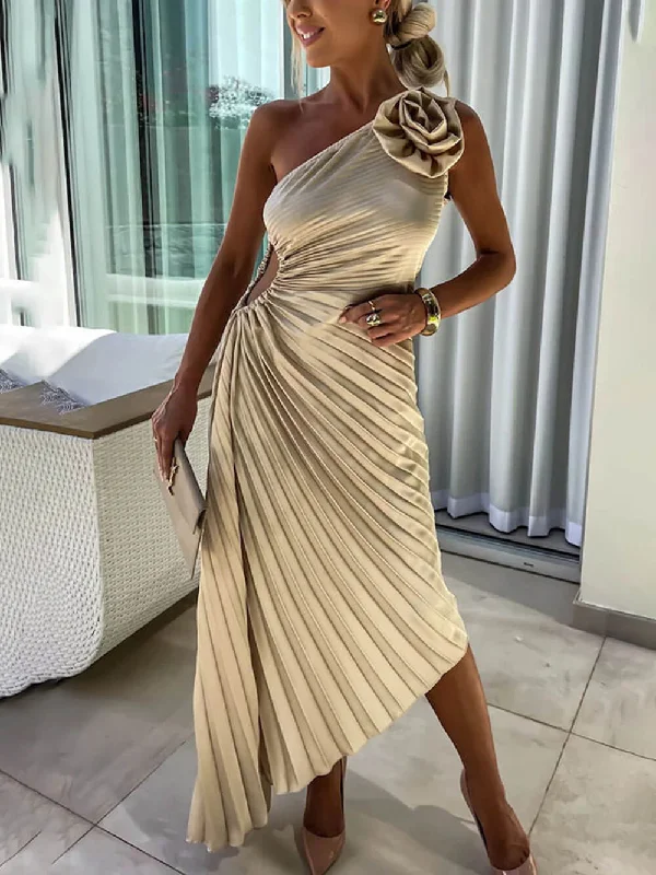 maxi dresses with sweetheart necksRomantic Night Guilloche Stretch Hollow Trendy One Shoulder Pleated Maxi Dress