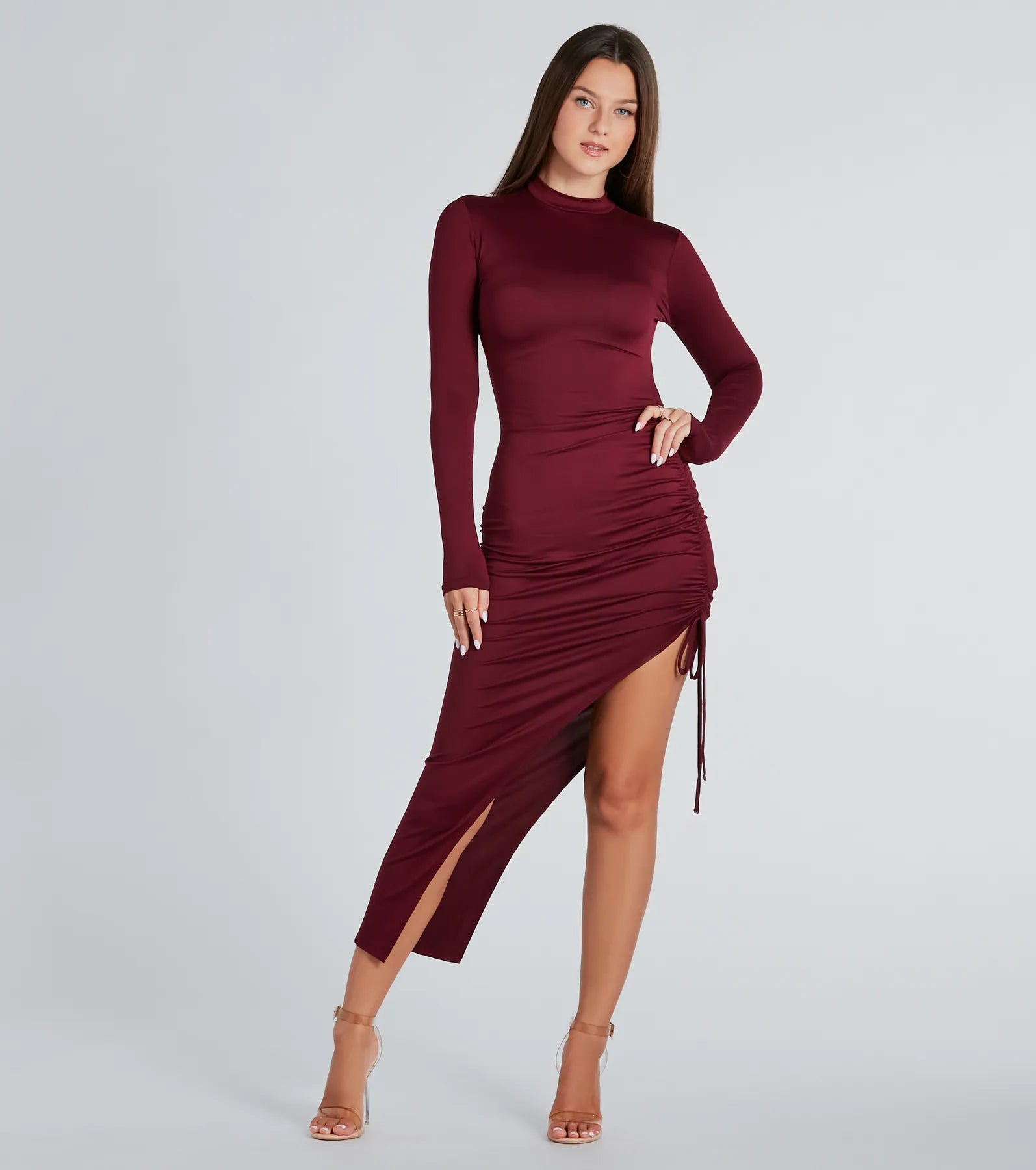 maxi dresses with low necklinestween midi dressesIn The Lineup Mock Neck High Slit Midi Dress