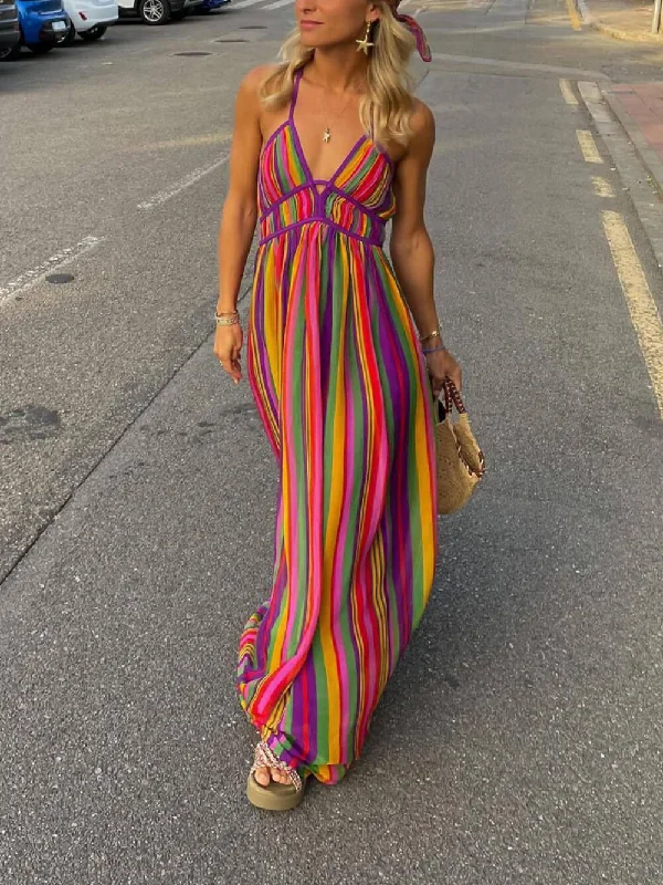 vintage maxi dressesRainbow Stripe Print Charming V-Neck Maxi Dress