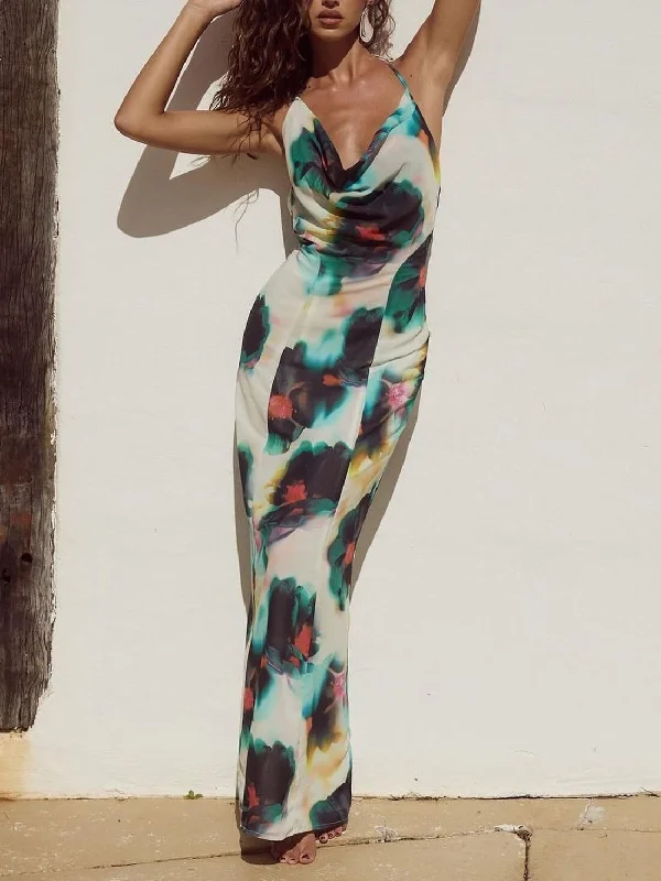 maxi dresses for weddingsHalter Neck Tie Resort Graceful Style Print Mixi Dress