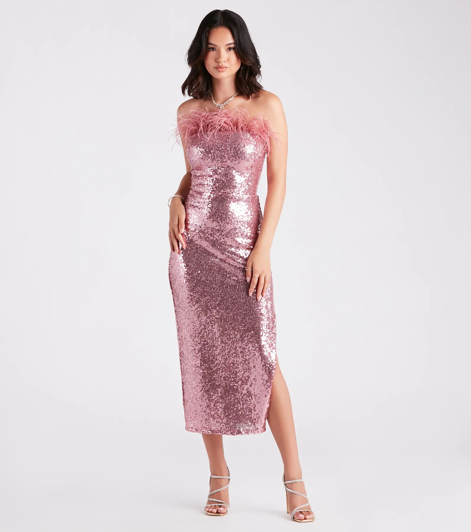 maxi dresses with off-the-shoulder neckswaist-cinching midi dressesMarlin Formal Sequin Feather Midi Dress