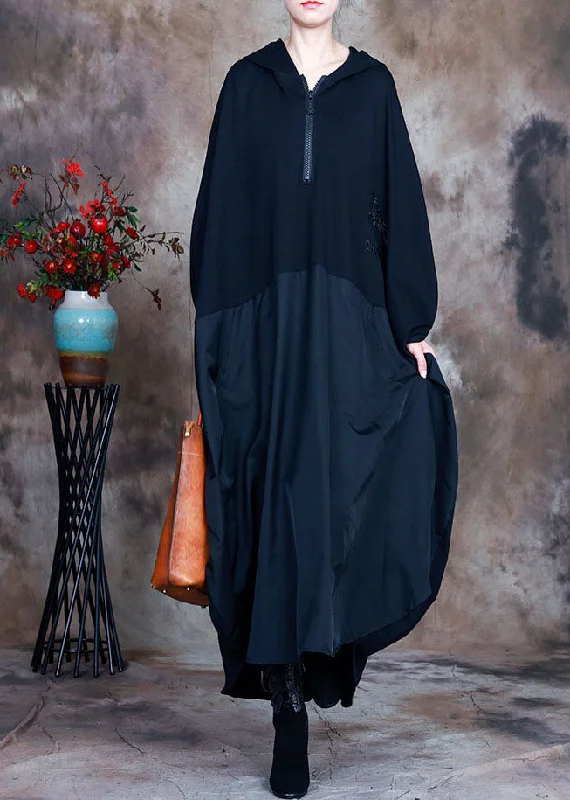 maxi dresses with cap sleevesSimple Black fashion hooded Patchwork asymmetrical design Fall Maxi Dresses