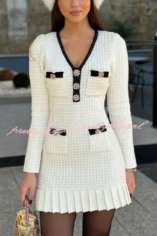 sleek Mimi dresses for business casualStylish Waffle Contrast V-neck Ruffled Knitted Mini Dress