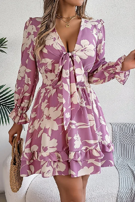 designer Mimi dresses under $100Floral Print V-neck Lace-up Long-sleeve Elastic Waist Mini Dress