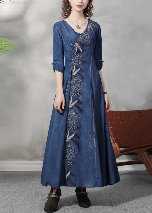 maxi dresses with cinched waistsStylish Blue V Neck Leaf Embroideried Cotton Denim Maxi Dress Half Sleeve