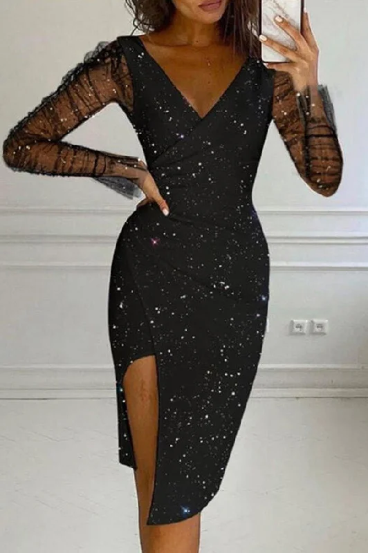 vintage lace Mimi dresses for timeless eleganceFashionable Shiny V-Neck Mesh Long Sleeve Irregular Hem Mini Dress