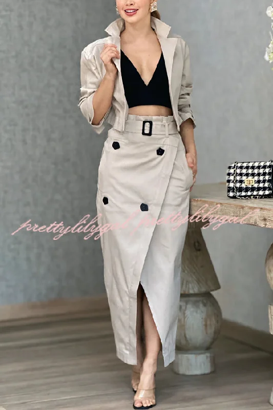 women's cool work skirtsWork Style Lapel Long Sleeve Jacket and Button Belt Pocketed Slit Midi Skirt Set