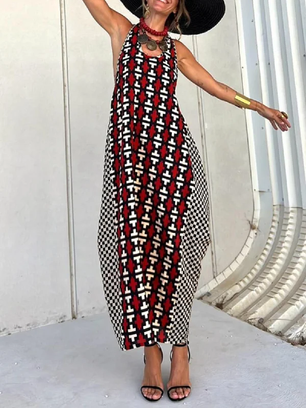 maxi dresses with low necklinesEthnic Unique Print Lantern Graceful Cut Tank Maxi Dress