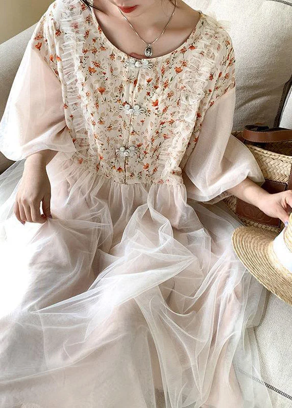 maxi dresses with mermaid silhouettesBeautiful Apricot O-Neck Embroideried Tulle Patchwork Maxi Dresses Half Sleeve