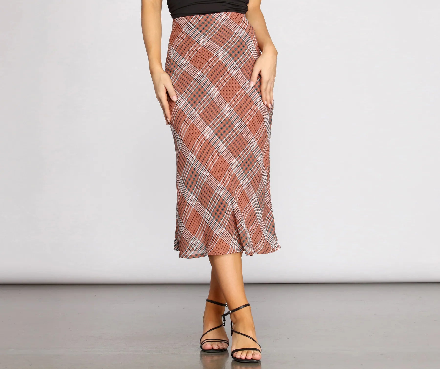 women's fall maxi skirtsPlaid Chiffon Midi Skirt