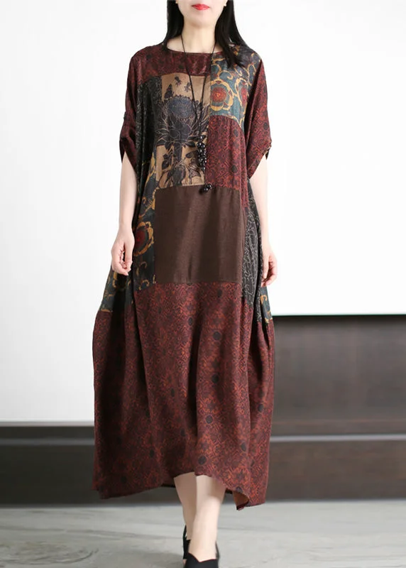 maxi dresses for mother of the groomRetro Dark Red Patchwork Print Cozy Silk Maxi Dresses Summer