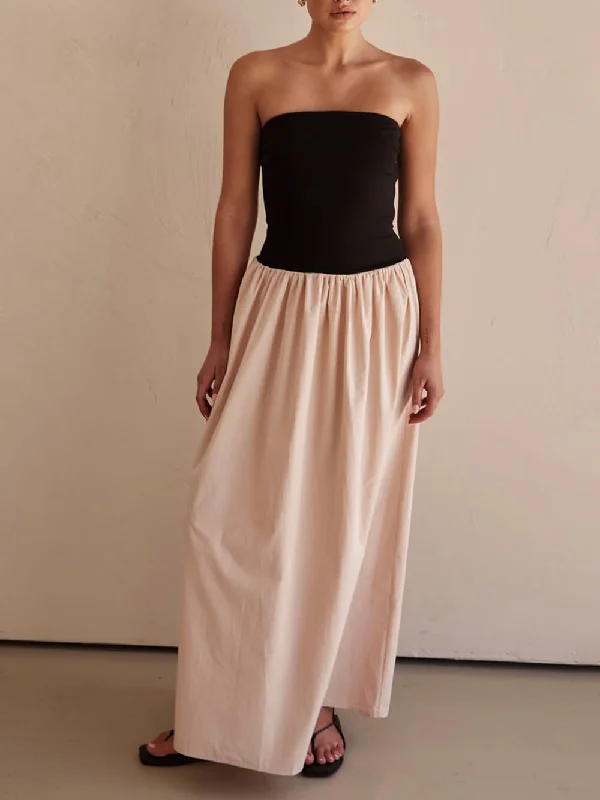 maxi dresses with pleatsStrapless Black And Charming Sand Paneled Maxi Dress