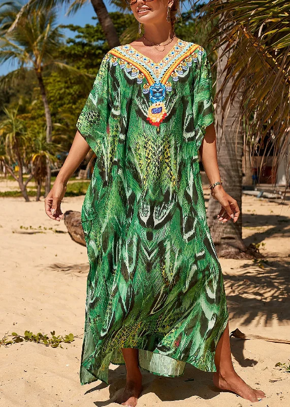 maxi dresses for summerLoose Green V Neck Print Side Open Maxi Beach Dress Short Sleeve