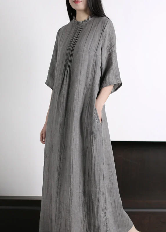 maxi dresses with low necklinesBrief Grey Ruffled Wrinkled Vacation Ramie Maxi Dresses Half Sleeve