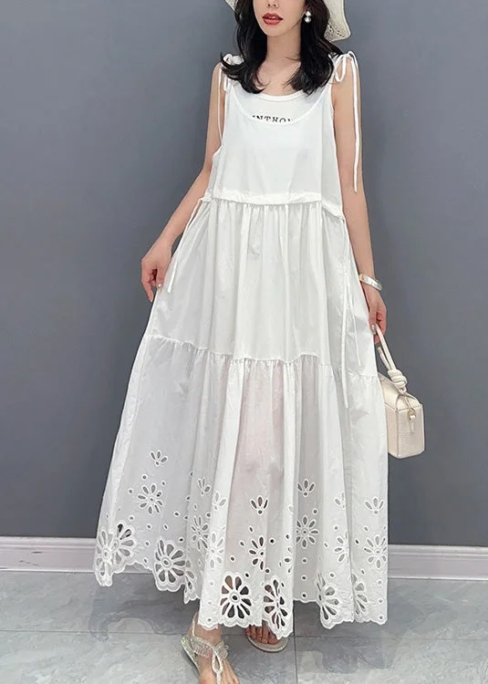 maxi dresses for bridesmaidsFine White Patchwork Drawstring Maxi Slip Dresses Sleeveless