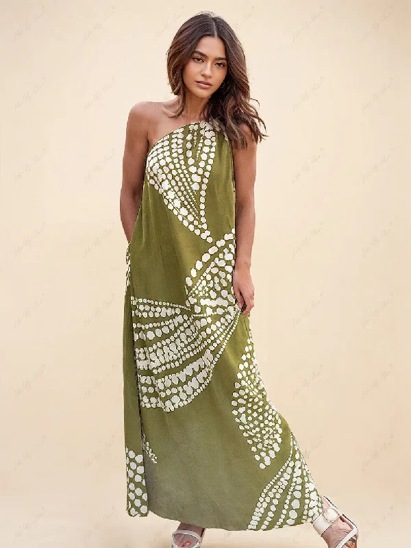 maxi dresses for garden partiesUnique Polka Dot Print Graceful One Shoulder Pocketed Maxi Dress