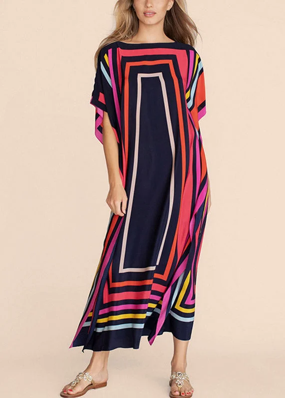 maxi dresses with sequined detailsElegant O-Neck Striped Patchwork Side Open Maxi Beach Dresses Short Sleeve