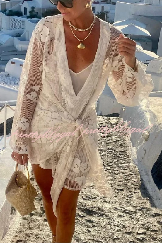 lace appliqué Mimi dresses for eleganceBeach Elegance Floral Lace Long Sleeve Wrap Tie-up Vacation Mini Dress