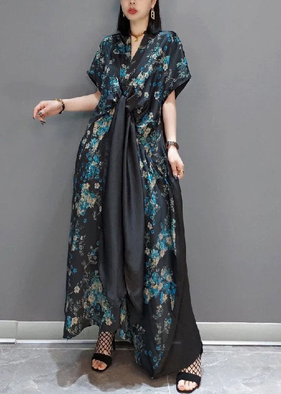 maxi dresses for maternity wearFashion Blue Patchwork Silk Maxi Dresses Short Sleeve