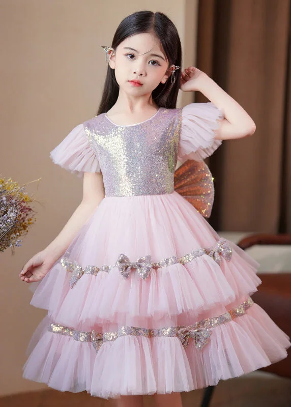 maxi dresses with flutter sleevesStylish Pink Sequins Patchwork Bow Exra Large Hem Tulle Baby Girls Maxi Dresses Summer