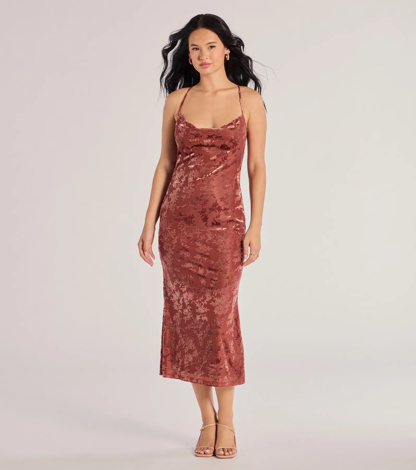 maxi dresses for yoga and meditationmidi dresses with sheer sleevesCharming Muse Open Back Flocked Velvet Midi Dress